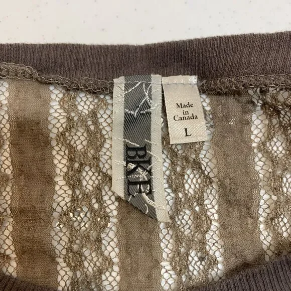 BKE Buckle Burnout Sequin Lace Top Shirt Womens L Taupe Y2K Sheer - Picture 9 of 11